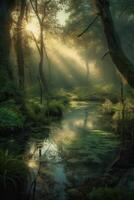 the little lake in an enchanted magical forest in the morning in a fog in the sun, trees in a haze of light, glowing fog among the trees. . photo