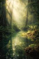the little lake in an enchanted magical forest in the morning in a fog in the sun, trees in a haze of light, glowing fog among the trees. . photo