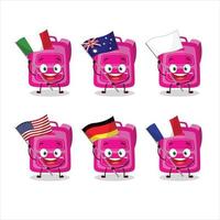 Pink school bag cartoon character bring the flags of various countries vector