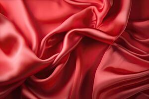 Close-up texture of natural red or pink fabric or cloth in same color. Fabric texture of natural cotton, silk or wool, or linen textile material. Red canvas background. . photo