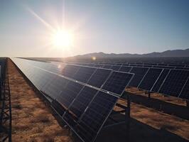 Solar Panels farm or solar call farm on green hills field and blue sky background .energy and eco environment concept .focus on first solar panel. . photo