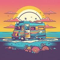 Vintage, retro surf van with palms, sun and a gull. Handdrawn t-shirt graphics, print. Vector illustration. . photo