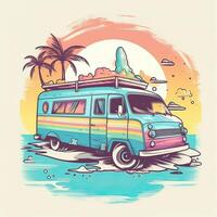 Vintage, retro surf van with palms, sun and a gull. Handdrawn t-shirt graphics, print. Vector illustration. . photo