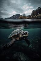 Beautiful view of the mountain. Ocean surfing wave breaking and turtles diving underwater. turtles below the water surface in turquoise waters of a tropical oceans. . photo