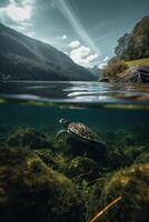 Beautiful view of the mountain. Ocean surfing wave breaking and turtles diving underwater. turtles below the water surface in turquoise waters of a tropical oceans. . photo