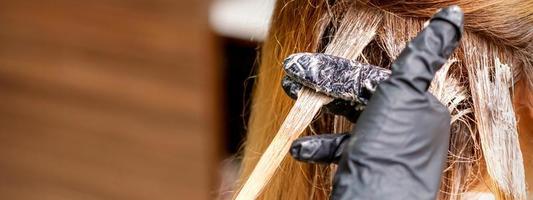 Hairdresser applying dye to strand of hair photo