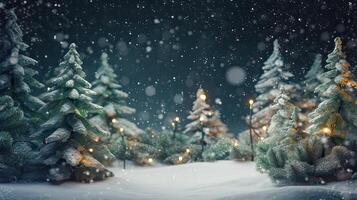 Christmas tree and Christmas lights on abstract snowy landscape background, Xmas background concept with advertising space. . photo