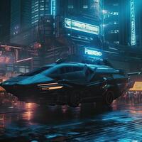 Futuristic transport vehicle with cyber punk city. . photo