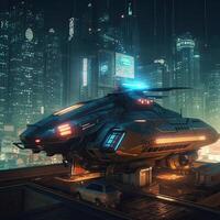 Futuristic transport vehicle with cyber punk city. . photo