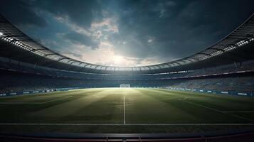 Before match. Stadium and neoned colorful flashlights background. Flyer with copyspace in modern colors. Concept of sport, competition, winning, action. Empty area for championships. . photo