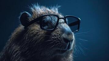 Single capybara with sunglasses on blue background the head looking stylish and cool. . photo