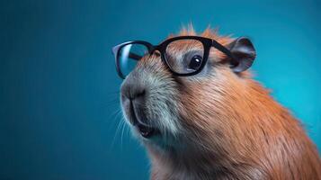 Single capybara with sunglasses on blue background the head looking stylish and cool. . photo