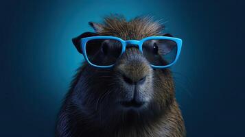 Single capybara with sunglasses on blue background the head looking stylish and cool. . photo