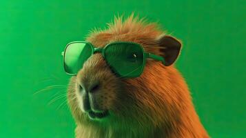 Single capybara with sunglasses on bright green background the head looking stylish and cool. . photo