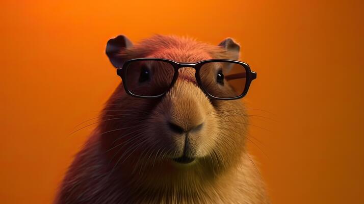 Single capybara with sunglasses on orange background the head looking stylish and cool. .