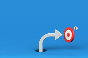 Right turn white arrow pointing at target on blue background. Right turn arrow breaking through from blue floor, different creative ideas, and develop working life concepts, 3D rendering photo