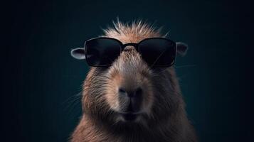 Single capybara with sunglasses on black background the head looking stylish and cool. . photo