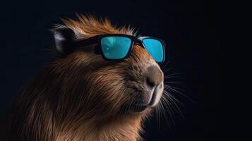 Single capybara with sunglasses on black background the head looking stylish and cool. . photo