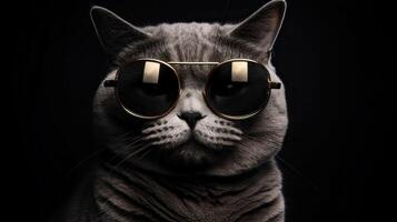 gracioso estudio Disparo de frio gato vistiendo Gafas de sol en gris antecedentes con Copiar espacio. generativo ai. foto