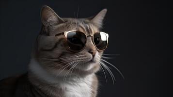 gracioso estudio Disparo de frio gato vistiendo Gafas de sol en gris antecedentes con Copiar espacio. generativo ai. foto