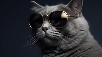 funny studio shot of cool cat wearing sunglasses on gray background with copy space. . photo