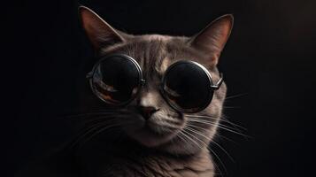 gracioso estudio Disparo de frio gato vistiendo Gafas de sol en gris antecedentes con Copiar espacio. generativo ai. foto