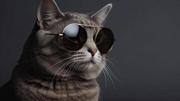 gracioso estudio Disparo de frio gato vistiendo Gafas de sol en gris antecedentes con Copiar espacio. generativo ai. foto