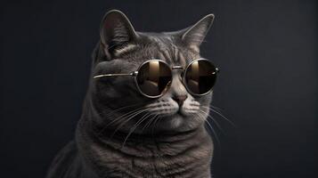 gracioso estudio Disparo de frio gato vistiendo Gafas de sol en gris antecedentes con Copiar espacio. generativo ai. foto