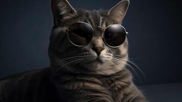 gracioso estudio Disparo de frio gato vistiendo Gafas de sol en gris antecedentes con Copiar espacio. generativo ai. foto