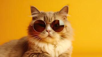 funny studio shot of cool cat wearing sunglasses on yellow background with copy space. . photo