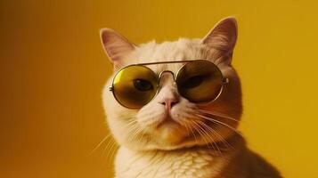 funny studio shot of cool cat wearing sunglasses on yellow background with copy space. . photo