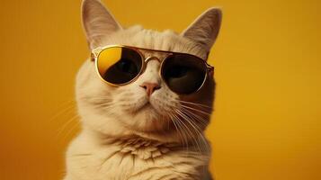 funny studio shot of cool cat wearing sunglasses on yellow background with copy space. . photo