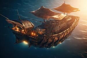 3D illustration futuristic of a Pirate ship sailing on the sky. . photo