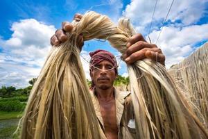 Bangladesh August 06, 2019 A Bangladeshi worker Showing wet jute fiber at Madhabdi, Narsingdi, Bangladesh. photo