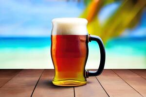 Closeup Beer Mug With Tropical Summer Blur Beach Background, photo