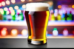 Beer in a glass mug with blur bar background, photo