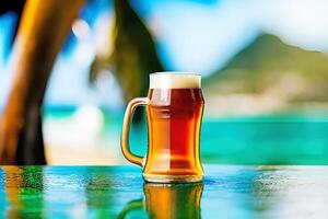 Closeup Beer Mug With Tropical Summer Blur Beach Background, photo