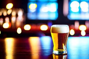 Beer in a glass mug with blur bar background, photo