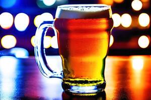 Beer in a glass mug with blur bar background, photo