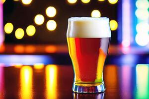 Beer in a glass mug with blur bar background, photo