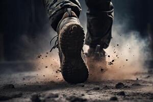 close up Illustration of a military man walking on an empty destroyed environment. Destruction, war scene. Smoke and fog. Sad combat feeling. photo