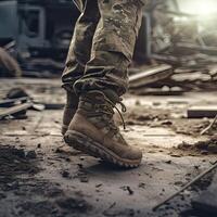 close up Illustration of a military man walking on an empty destroyed environment. Destruction, war scene. Smoke and fog. Sad combat feeling. photo