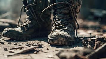 close up Illustration of a military man walking on an empty destroyed environment. Destruction, war scene. Smoke and fog. Sad combat feeling. photo