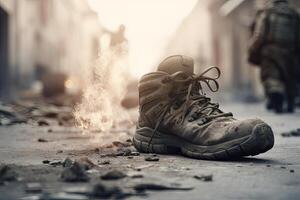 close up Illustration of a military man walking on an empty destroyed environment. Destruction, war scene. Smoke and fog. Sad combat feeling. photo