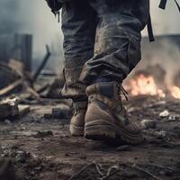 close up Illustration of a military man walking on an empty destroyed environment. Destruction, war scene. Smoke and fog. Sad combat feeling. photo