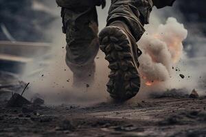 close up Illustration of a military man walking on an empty destroyed environment. Destruction, war scene. Smoke and fog. Sad combat feeling. photo