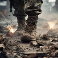 close up Illustration of a military man walking on an empty destroyed environment. Destruction, war scene. Smoke and fog. Sad combat feeling. photo