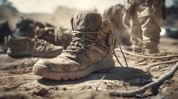 close up Illustration of a military man walking on an empty destroyed environment. Destruction, war scene. Smoke and fog. Sad combat feeling. photo