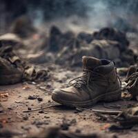 close up Illustration of a military man walking on an empty destroyed environment. Destruction, war scene. Smoke and fog. Sad combat feeling. photo