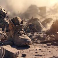 cerca arriba ilustración de un militar hombre caminando en un vacío destruido ambiente. destrucción, guerra escena. fumar y niebla. triste combate sentimiento. generativo ai foto